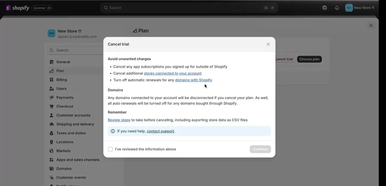 The Cancel trial checklist under Settings > Plan, listing app subscriptions, connected stores, and domain auto-renewals to check before continuing.