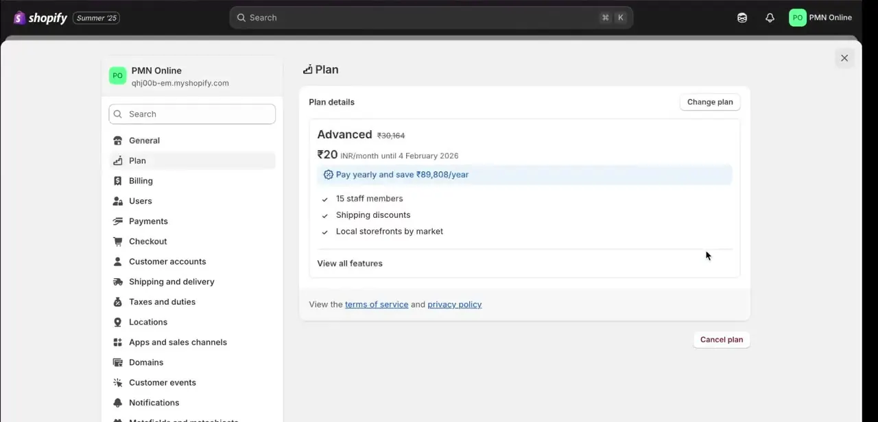 The Plan details screen for an active paid plan, showing price, renewal date, included features, and the Cancel plan button.