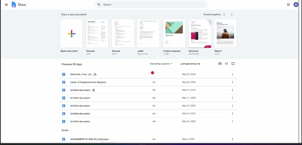 The Google Docs home screen, where you'd open a document to confirm whether Grammarly's suggestions have actually stopped.