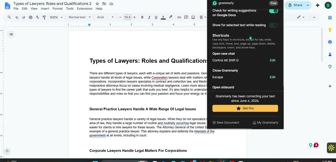 The Grammarly browser extension popup, with the Google Docs checking toggle, shortcut list, and account status visible.