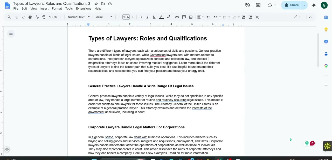 A Google Doc with the Grammarly widget visible in the bottom-right corner, showing a badge with three active suggestions.