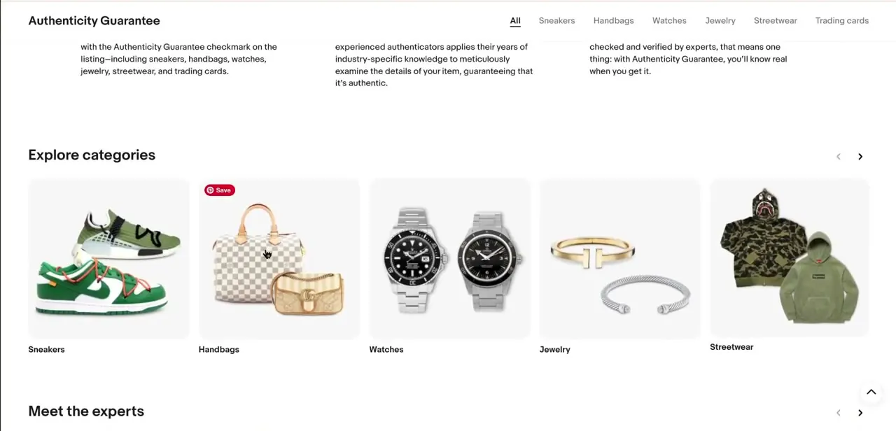 Authenticity Guarantee's category breakdown, sneakers, handbags, watches, jewelry, and streetwear each link to their own eligibility and process details.
