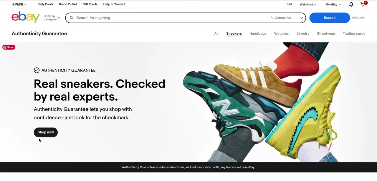 eBay's Authenticity Guarantee landing page: "Real items. Checked by real experts," with a note that the program is independent from, and not associated with, any of the brands sold.
