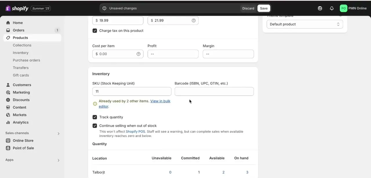 Track quantity enabled, showing the per-location quantity breakdown and the option to keep selling once stock hits zero.