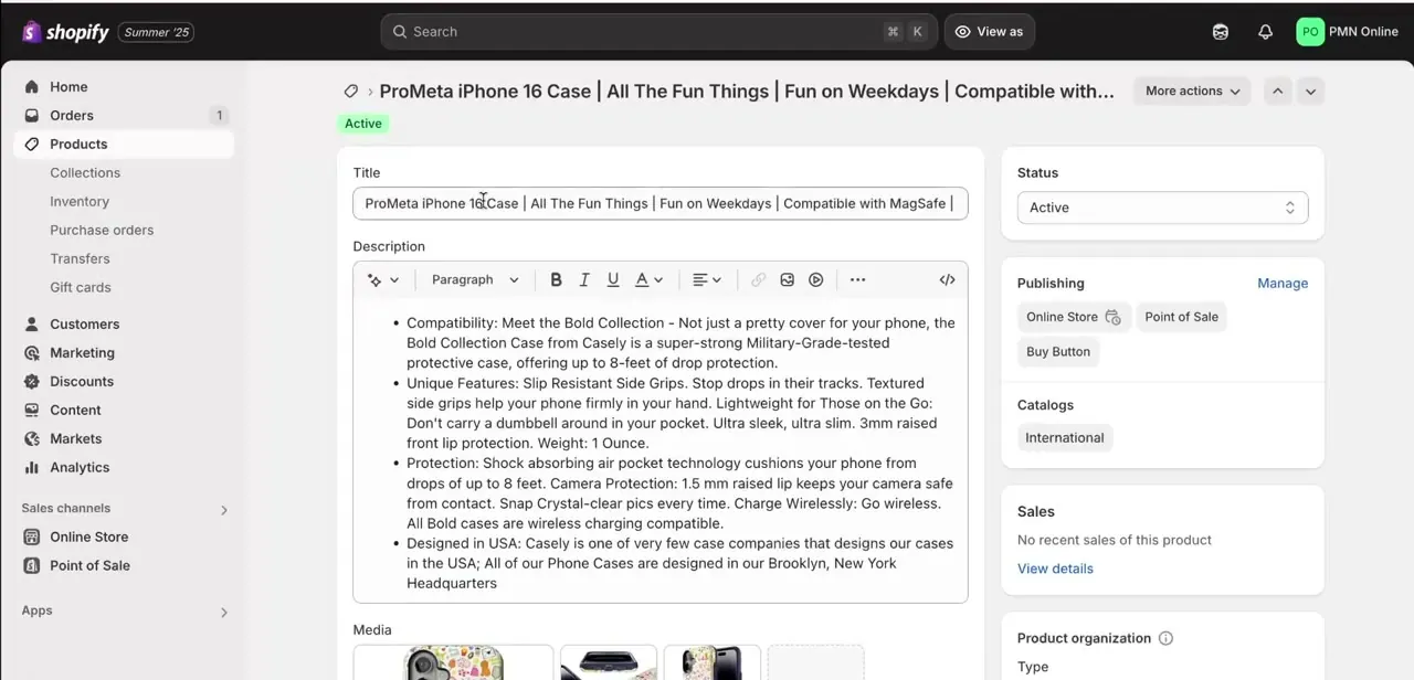 A product's edit page in Shopify admin. The Inventory section further down the page is where tracking gets turned on or off.