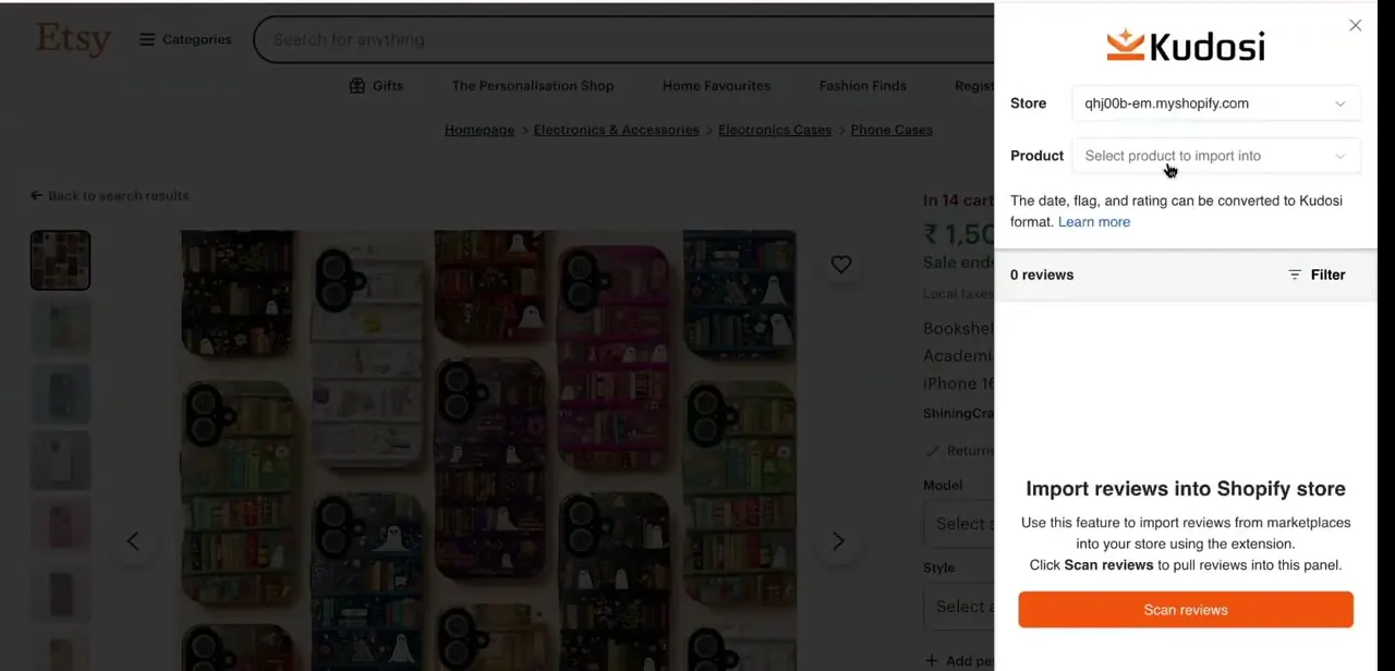 The Kudosi extension panel open on an Etsy product page, with store and product selectors above the Scan reviews button.