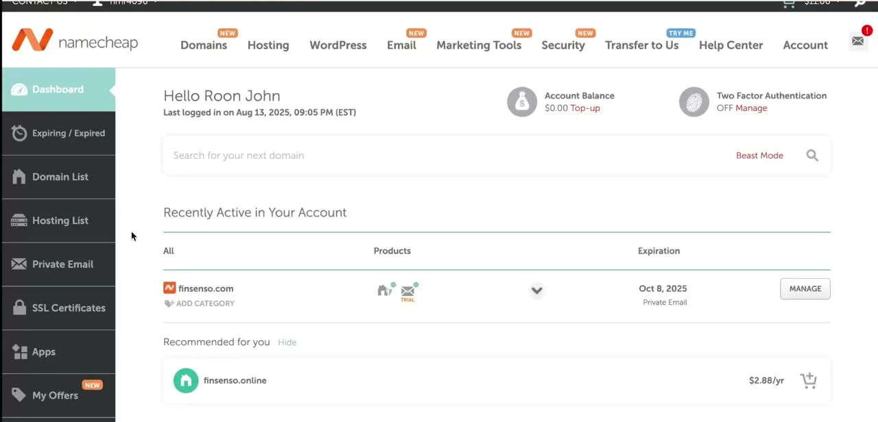 The Namecheap dashboard's Domain List, showing an active domain and its Manage button.