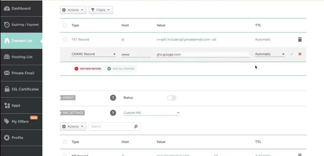 Namecheap's Advanced DNS panel with a CNAME record mapping the www host to ghs.google.com, alongside an existing TXT record.