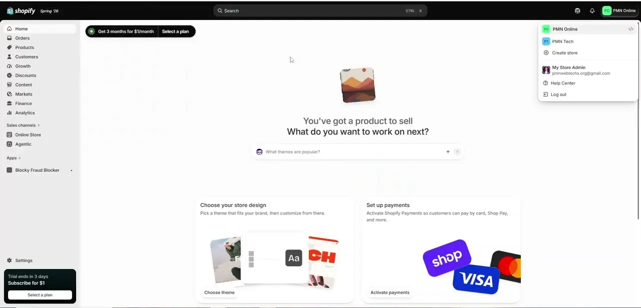 The account switcher, showing every store tied to the login and the exact email address Shopify uses to send verification and account confirmations.