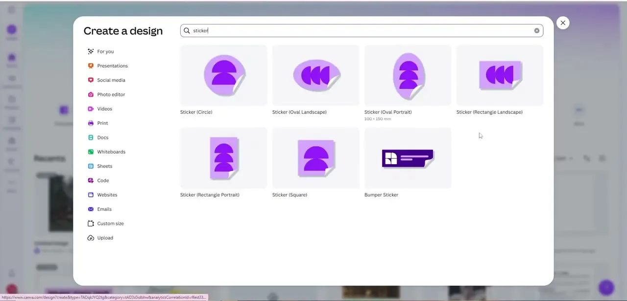 Canva's sticker canvas options — Circle, Oval, Rectangle, Square, and Bumper Sticker — each sized correctly for its shape rather than being a generic crop.