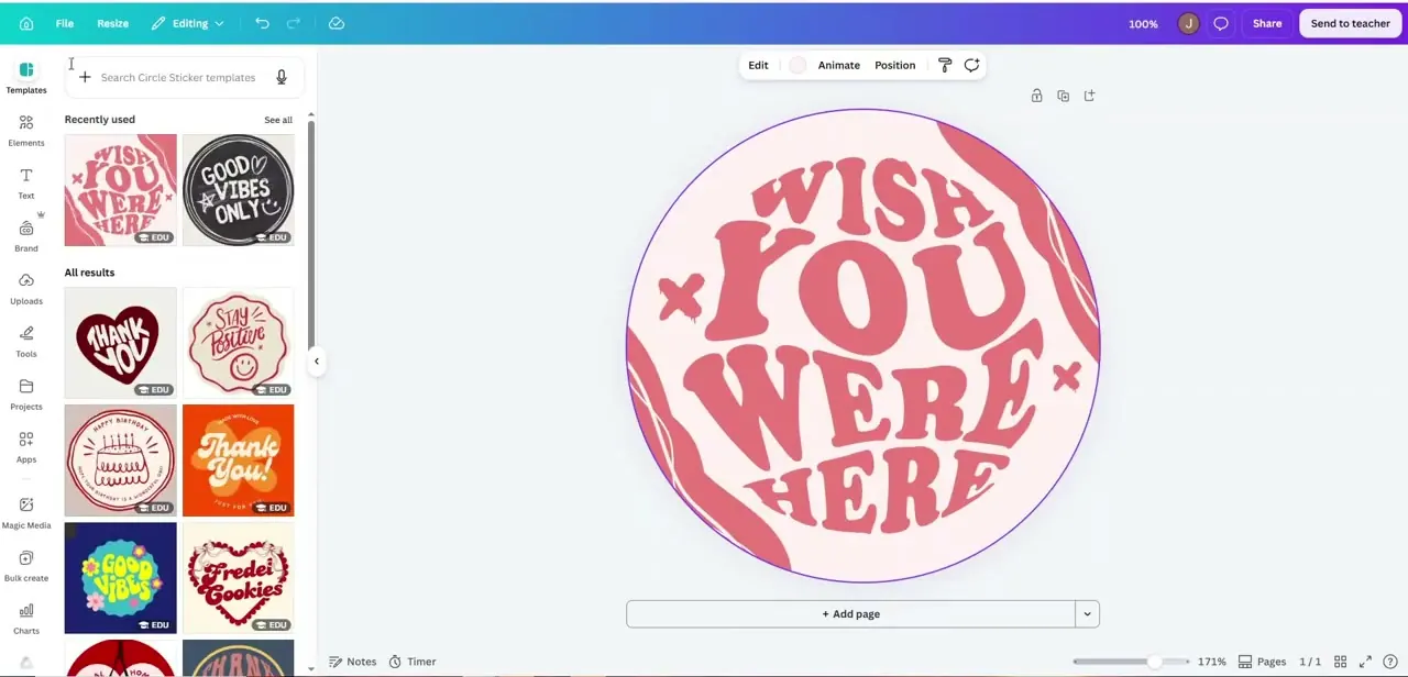 A circle sticker template open in the editor, with a library of similarly styled sticker templates in the sidebar to browse or swap in.