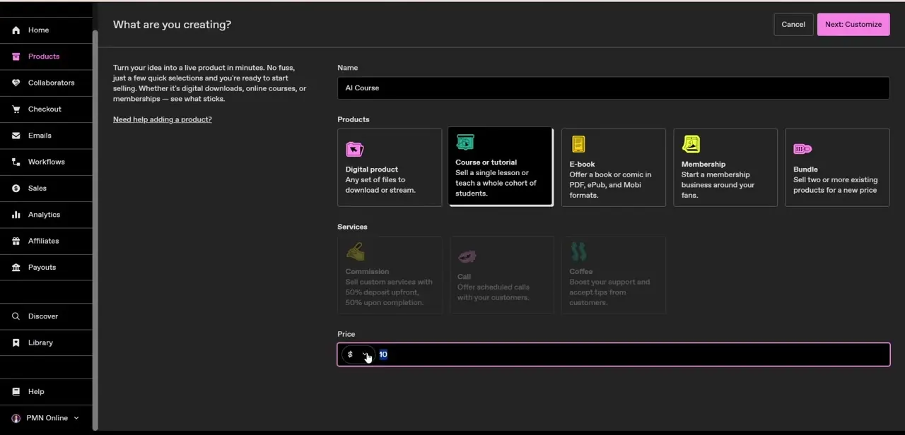 The product type picker, with Course or tutorial selected, a name field, and a price input below the six available product types.