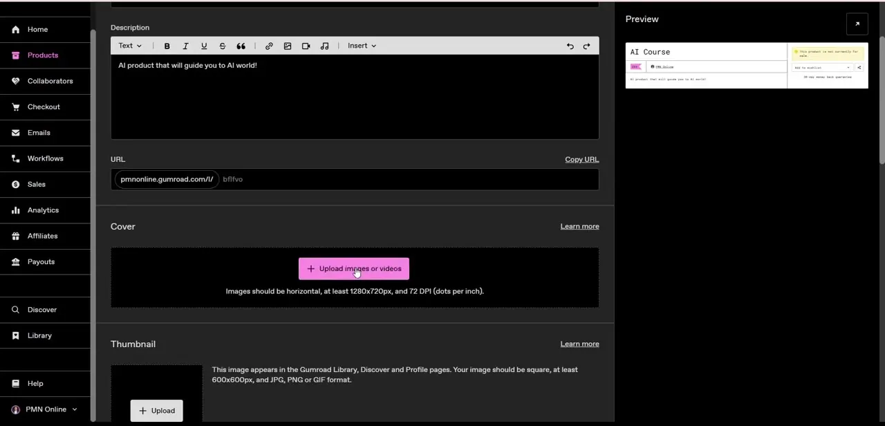 The product editor's Description, Cover, and Thumbnail fields, with a live preview on the right showing how the course listing will actually appear.