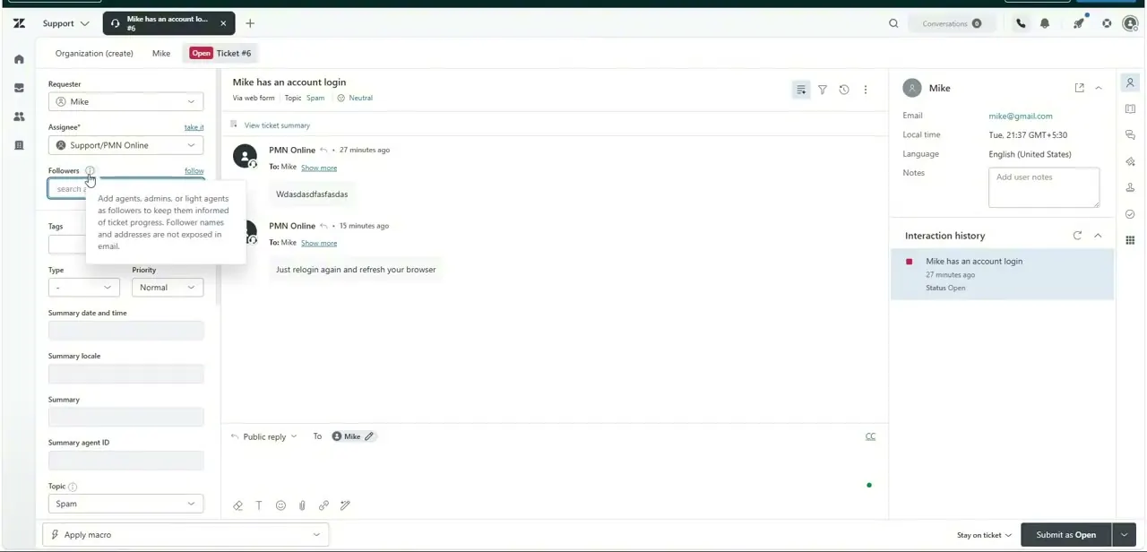 An open ticket with the requester, assignee, and follower fields on the left and the customer's profile details on the right.