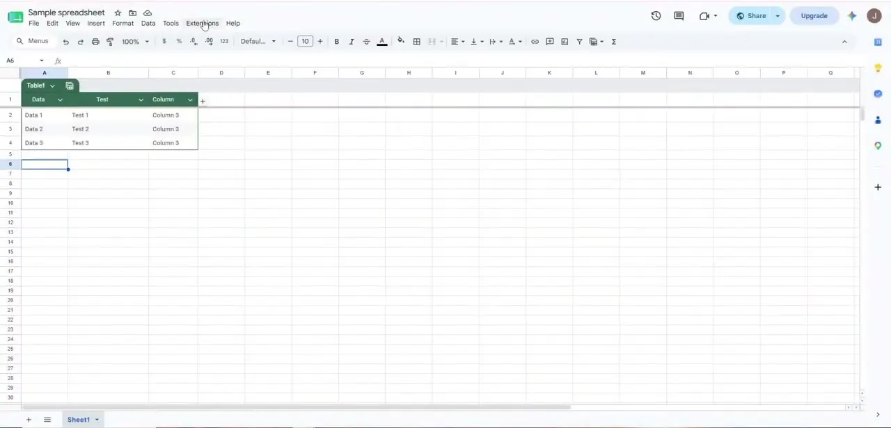 A fresh spreadsheet with the Extensions menu open — this is where any installed PDF add-on shows up to be launched.