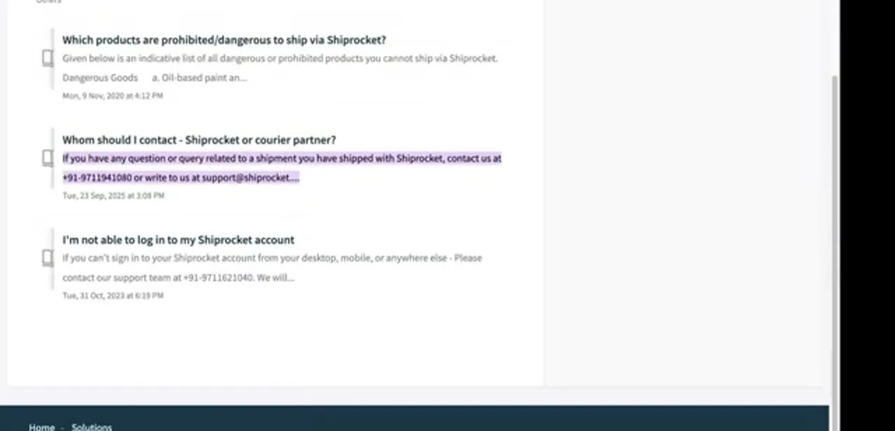 Shiprocket's help centre articles covering prohibited items, who to contact about a shipment, and account login problems.
