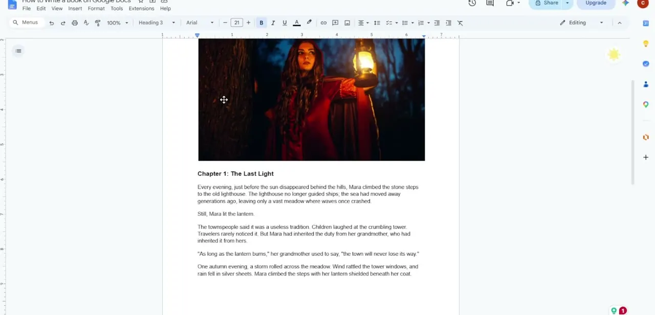 A chapter opening with its title styled as a heading in the toolbar, followed by the body paragraphs of the scene.