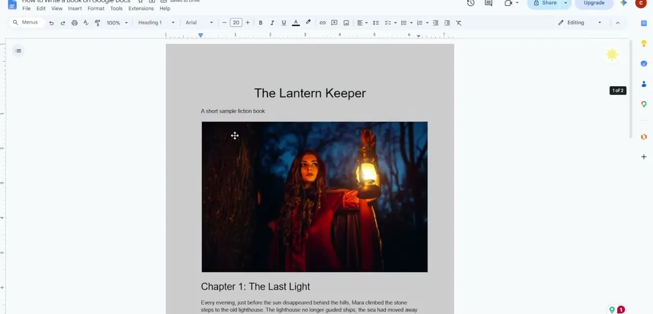 A title page reading "The Lantern Keeper" in Heading 1 style, with a subtitle line and a full-width image beneath it, and a page indicator on the right showing pagination is active.