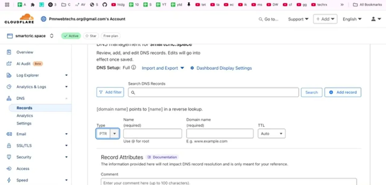 The PTR option selected in Cloudflare's add-record form, with its reverse-notation Name field and the hostname it should point back to.