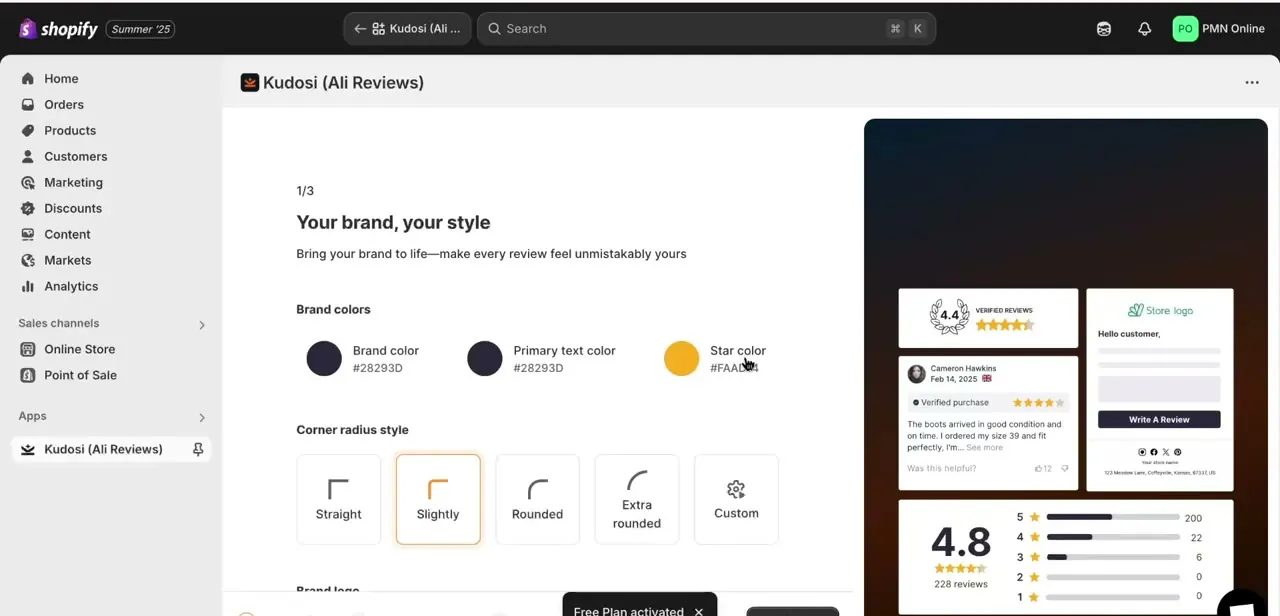 The brand styling step inside Kudosi (Ali Reviews), with brand color, star color, and corner-radius options next to a live preview of the review widget.