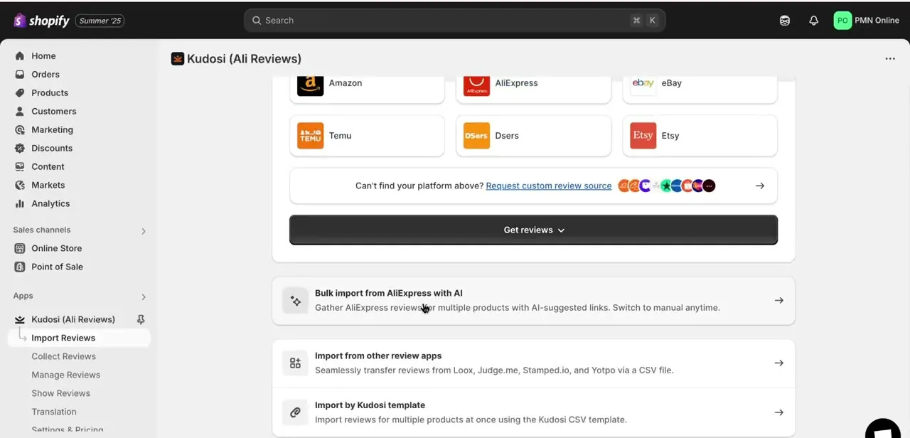 The Get reviews screen, listing Amazon, AliExpress, eBay, Temu, DSers, and Etsy as direct sources, plus AI bulk import and CSV import options below.