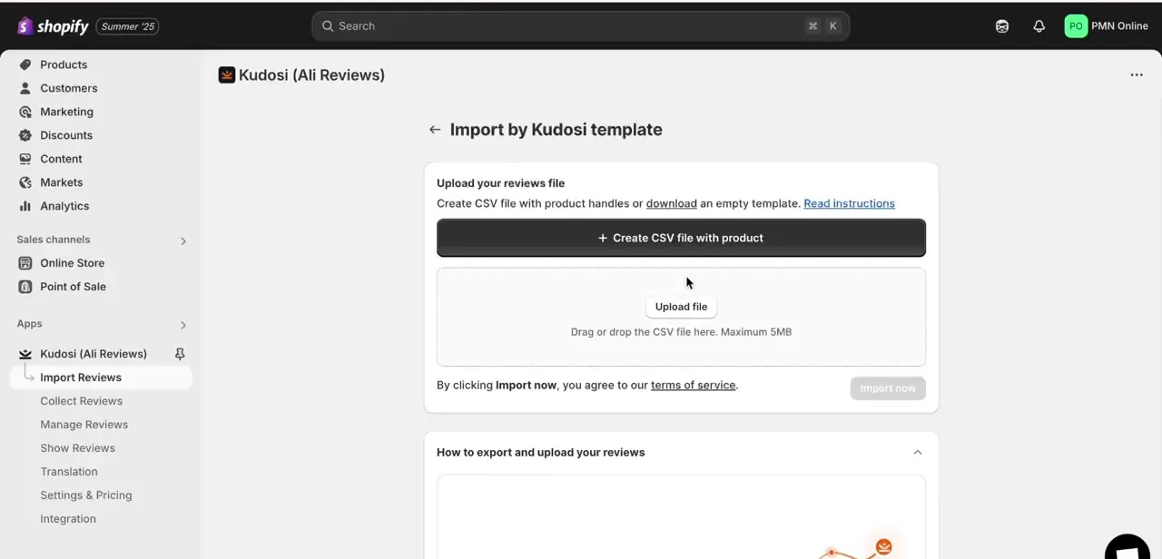The CSV import screen for the Kudosi template, with a drag-and-drop upload box and a limit of 5MB per file.
