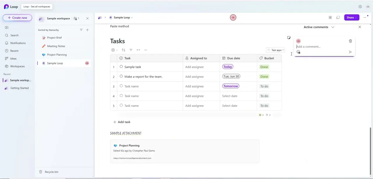 The comment field opening next to the Tasks table under an "Active comments" heading, ready for feedback to be typed in.