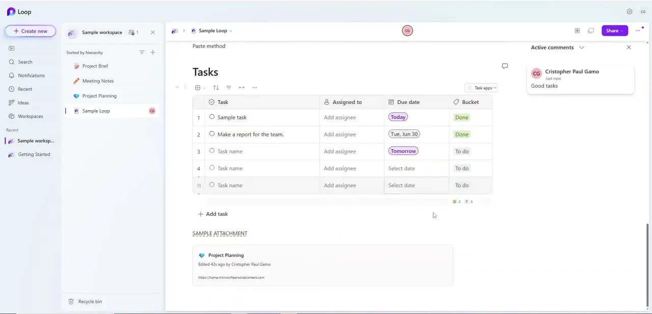 A posted comment showing in the Active comments panel, tagged with the author's name and a "Just now" timestamp next to the Tasks table it was left on.