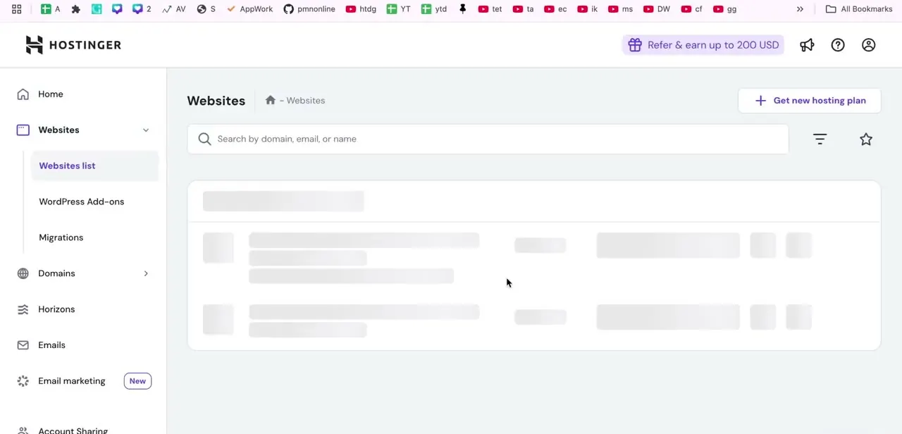 The Websites list in hPanel, showing every site on the account with its own row of management options.