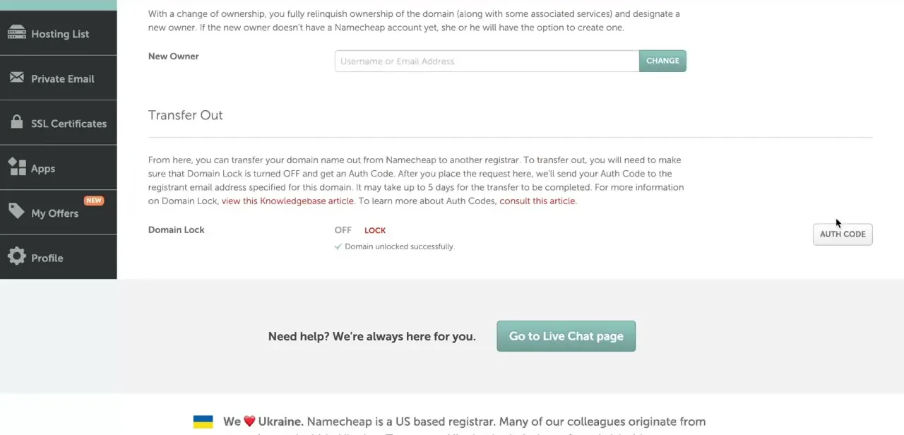The Transfer Out panel after Domain Lock has been switched off, with the confirmation message and the Auth Code button that emails you the code.