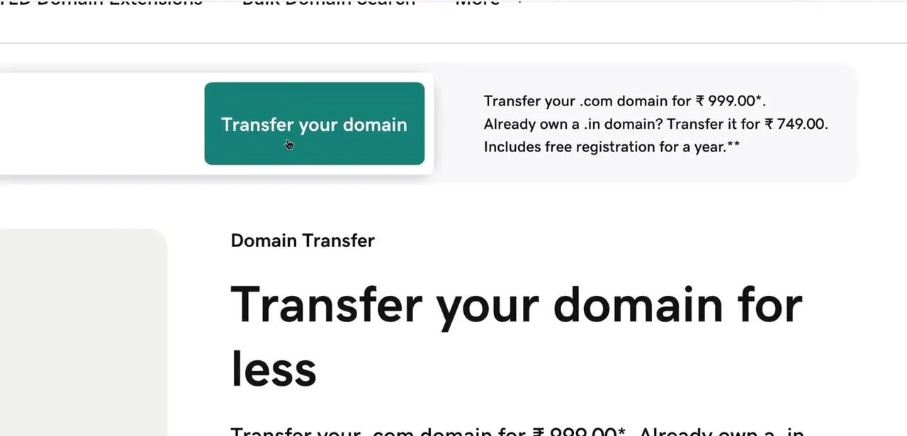 The Transfer your domain landing page, showing per-extension pricing and the free year of registration included with a transfer.