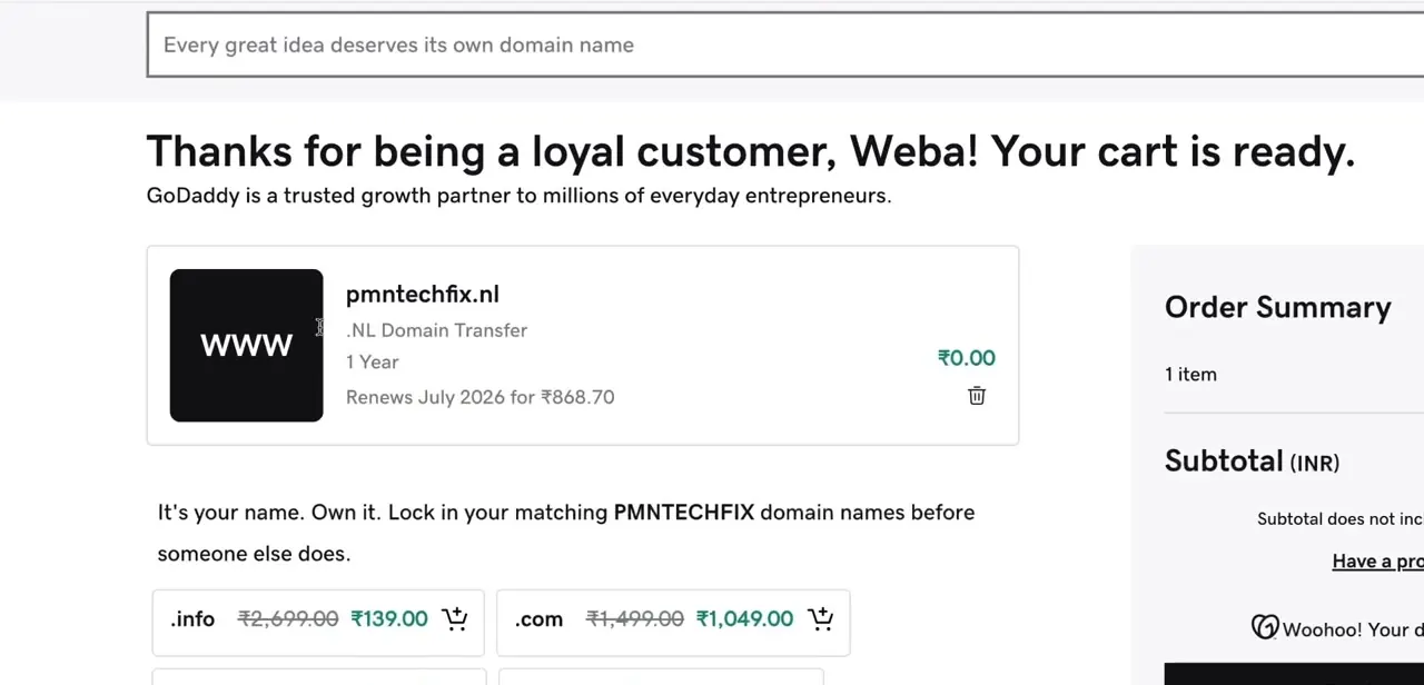 The order summary confirming a domain transfer at ₹0.00, with the renewal price shown separately for the following year.