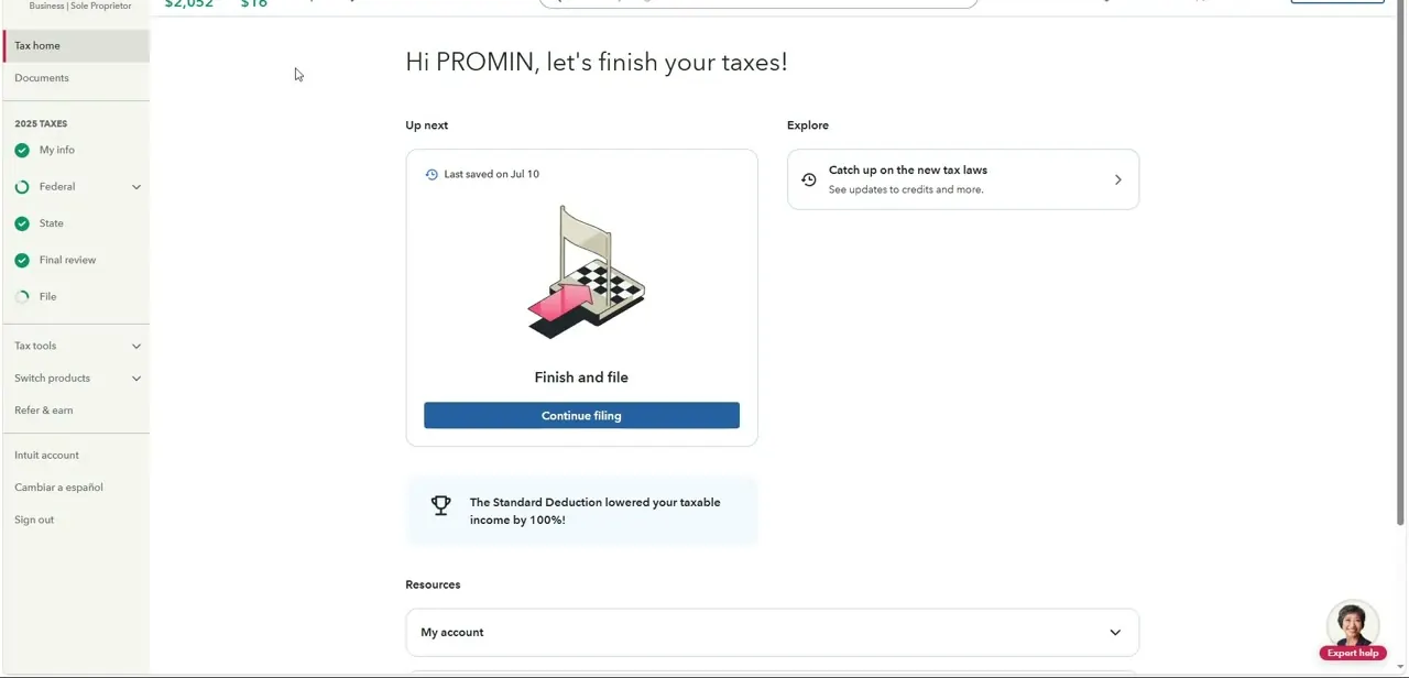 The Tax home screen, showing a completed checklist for My info, Federal, State, and Final review, with Continue filing as the next step.