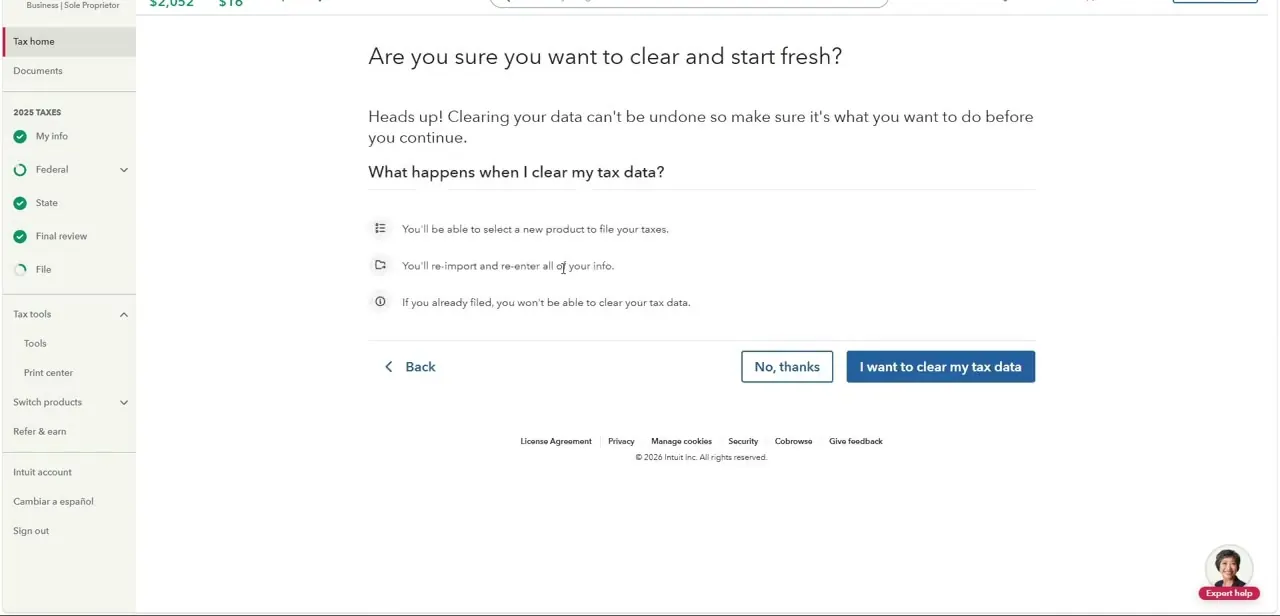 TurboTax's confirmation screen before clearing tax data, listing exactly what you lose and warning that the action can't be undone.