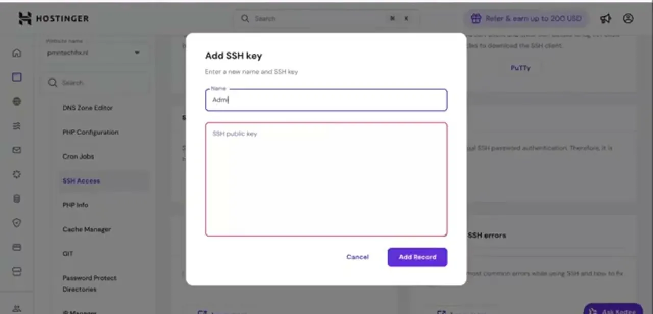 The Add SSH key dialog, opened from SSH Access in the Advanced section of the sidebar. The PuTTY download sits on the page behind it.