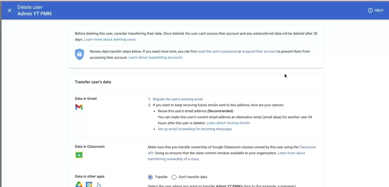 The Delete user confirmation screen, with per-service data transfer options for Gmail, Classroom, and Drive above the final delete action.