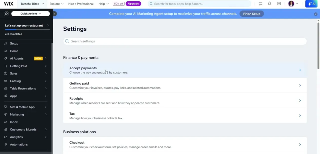 The Settings page's Finance & payments section, with Accept payments as the first option and Getting paid, Receipts, and Tax beneath it.