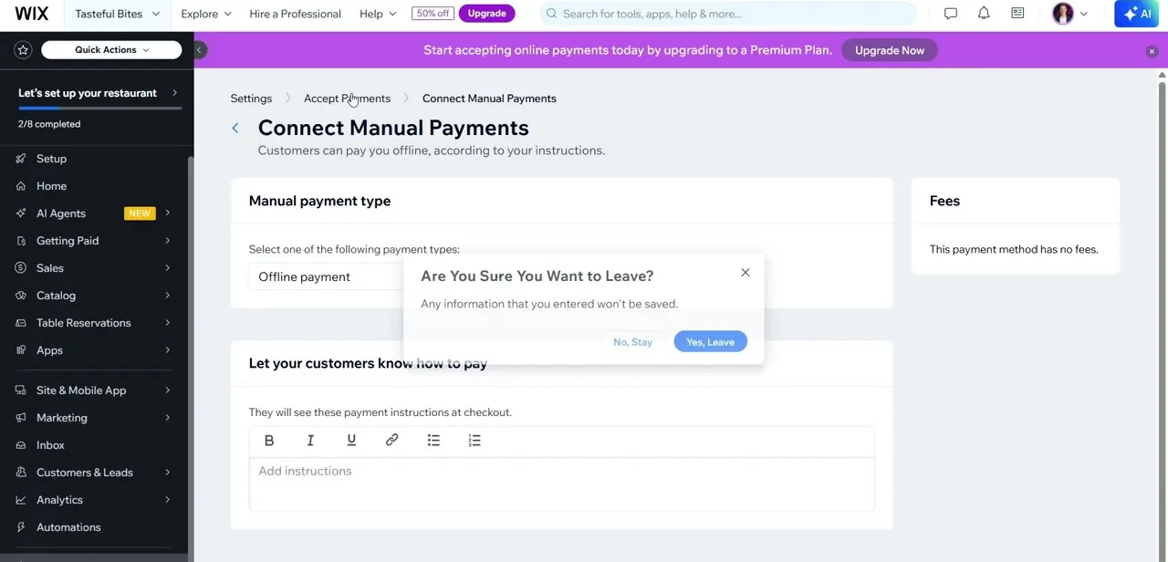 The Connect Manual Payments screen, where you choose an offline payment type and write the instructions customers see at checkout.