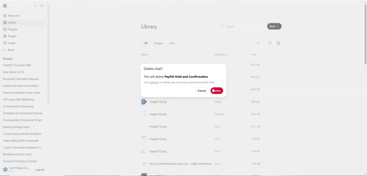 ChatGPT's delete confirmation dialog, shown here for a saved chat. Deleting an image from the Library uses this same warning-and-confirm pattern before anything is permanently removed.