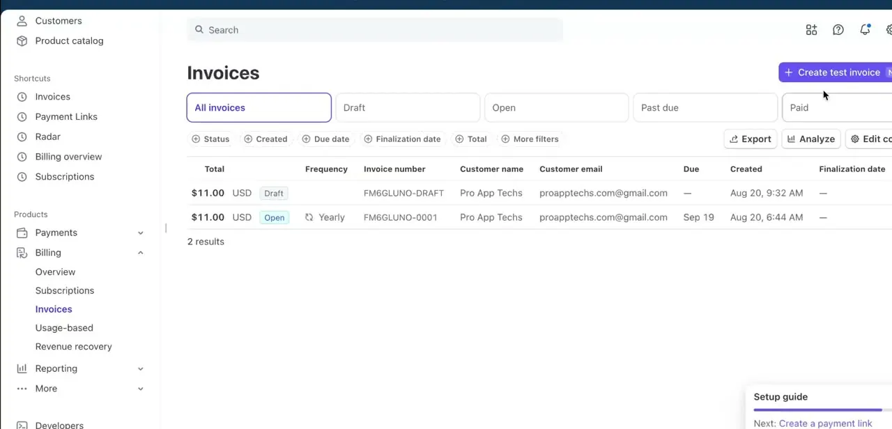 The Invoices list, filterable by All invoices, Draft, Open, Past due, and Paid, with the Create invoice button in the top-right corner.
