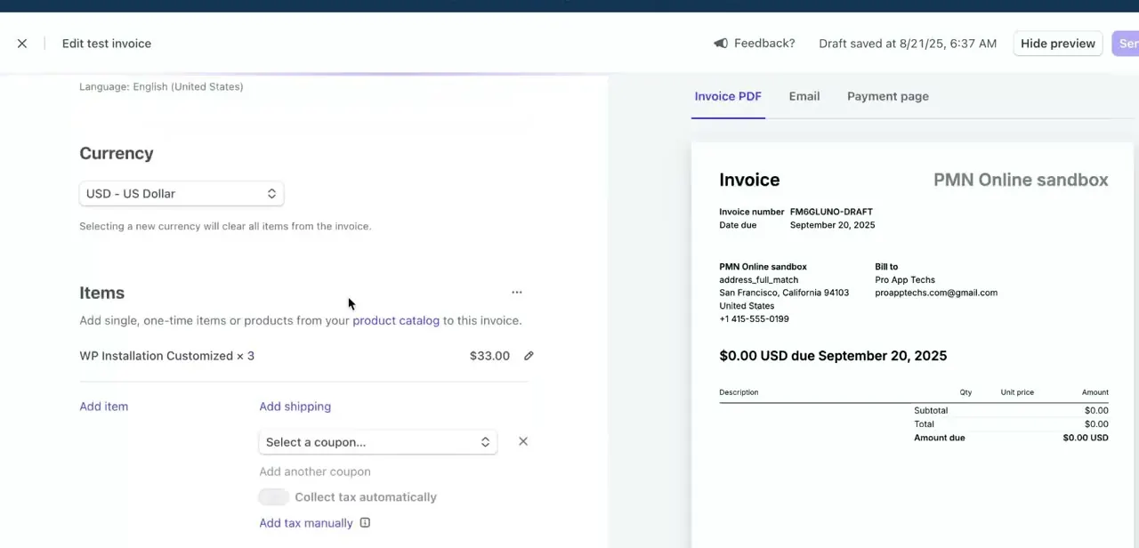 The invoice editor: currency, line items, and options to add shipping, apply a coupon, or collect tax automatically, with a live invoice preview on the right.