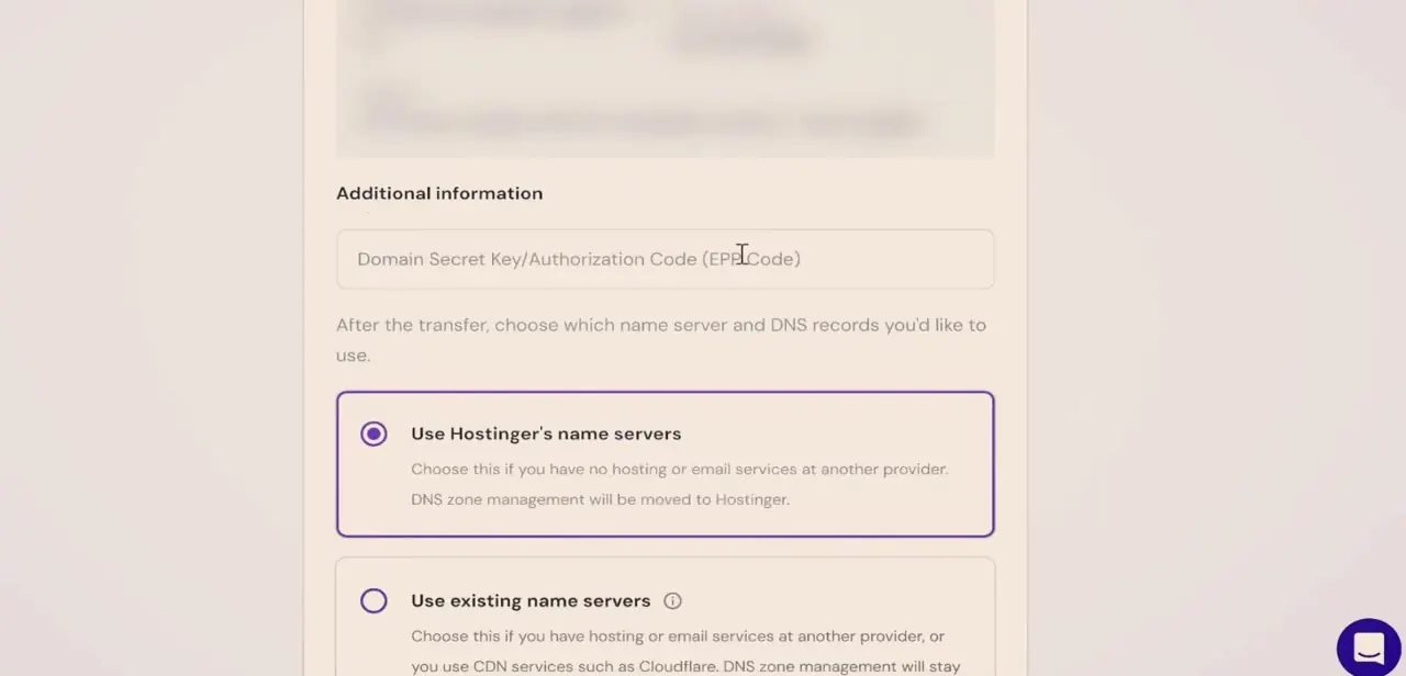 The transfer form's Additional information section, asking for the domain's EPP code and a choice between the new host's name servers or your existing ones.