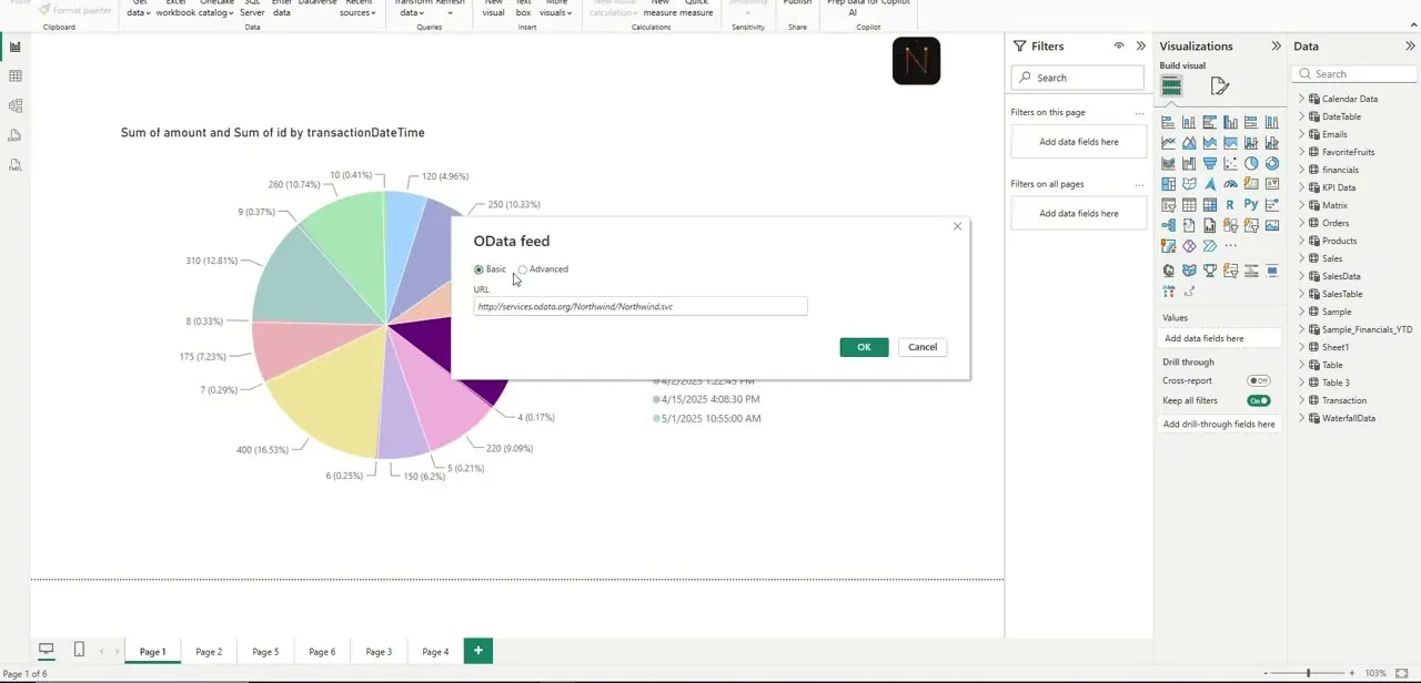 The OData feed dialog, where you paste the feed URL Power BI will connect to and refresh against — shown here in Basic mode with a sample address.