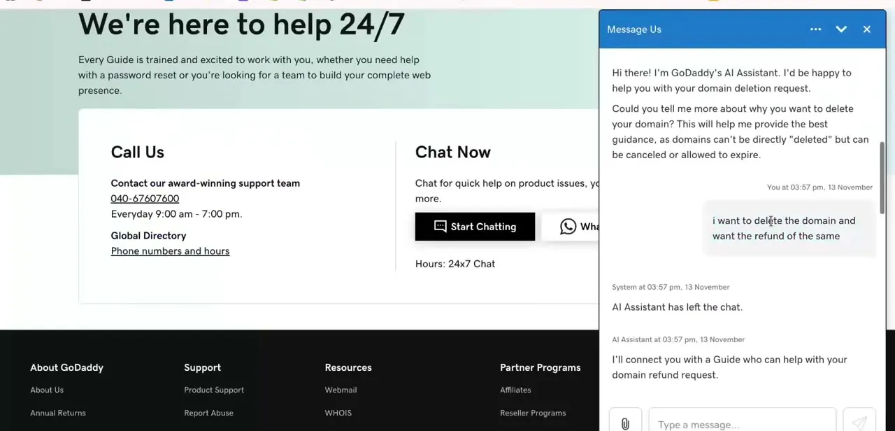 GoDaddy's live chat, with a refund request typed to the AI assistant before it hands the conversation off to a support Guide.