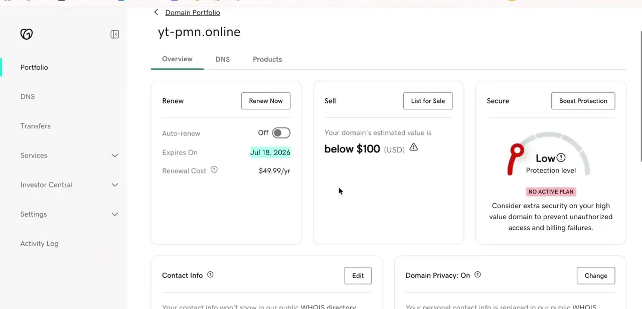 The domain's Overview tab, with Auto-renew switched off and the expiration date and yearly renewal cost shown alongside it.