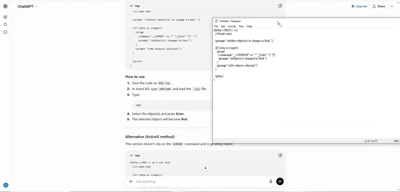 The generated routine pasted into a plain text editor and ready to save with a .lsp extension — this is the file AutoCAD will load.