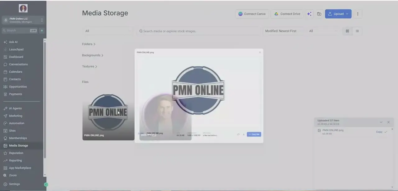 The file preview modal after an upload completes, showing image dimensions, file size, and a Copy URL button.