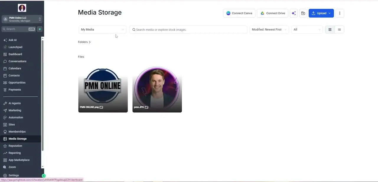 The Files section of Media Storage showing two uploaded assets as thumbnails, each labeled with its filename.