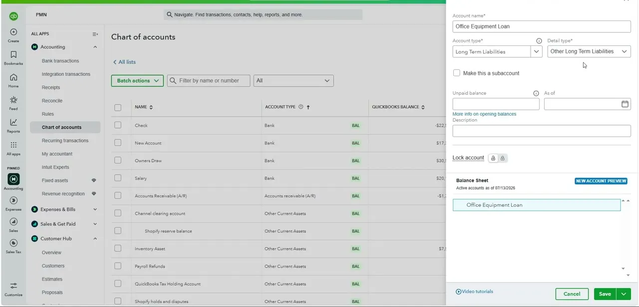 The New account panel, naming the account "Office Equipment Loan" and setting its type to Long Term Liabilities with a matching detail type.