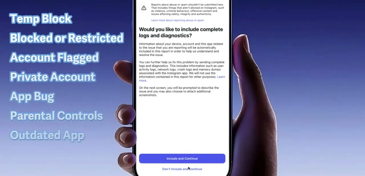 The Report a Problem screen asking whether to attach diagnostic logs, which is Instagram's bug channel, not its appeal channel.